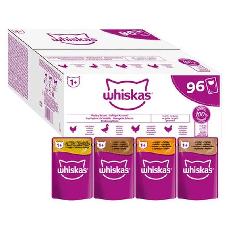 Whiskas 1+ Pouches Mega Pack 96 x 85g - Poultry Feasts in Jelly