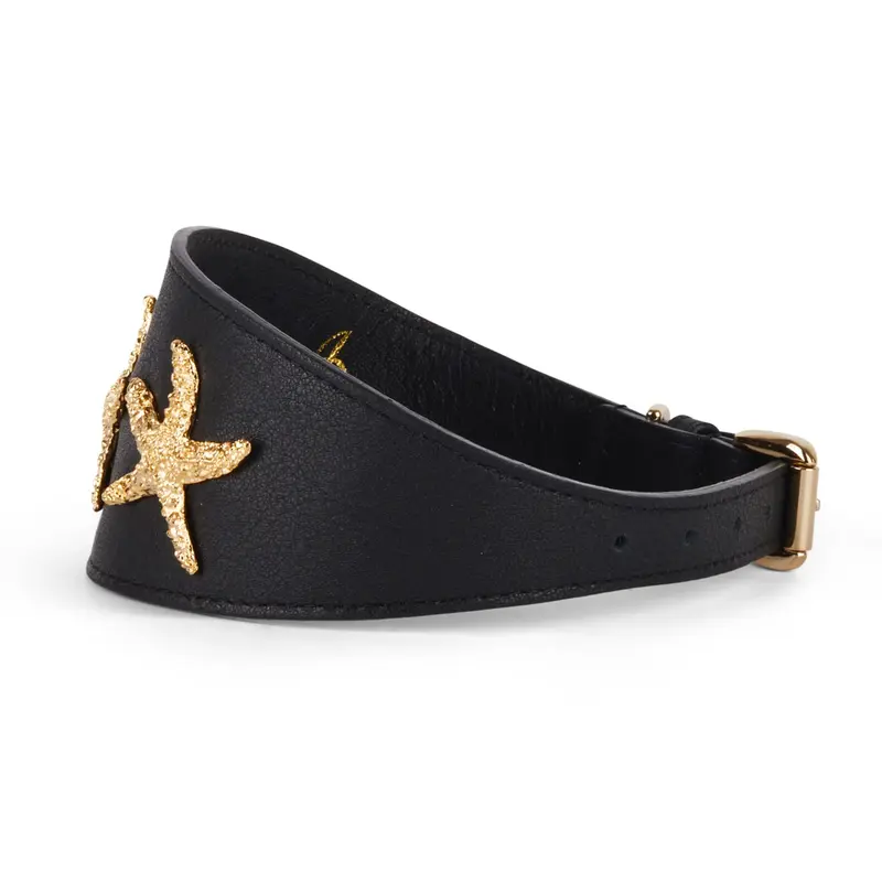 Smooth Black Italian Leather 3 Wide Style Collar With Gold Custom Starfish