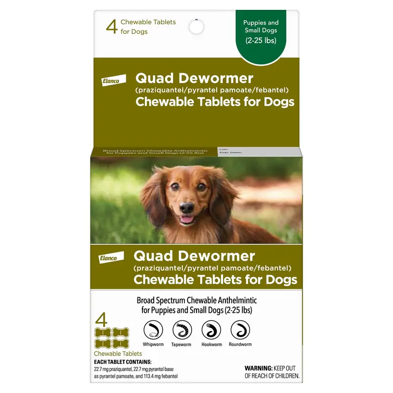 Bayer Chewable Quad Dewormer for Small Dogs  2-25 lbs  4 Chewable Tablets