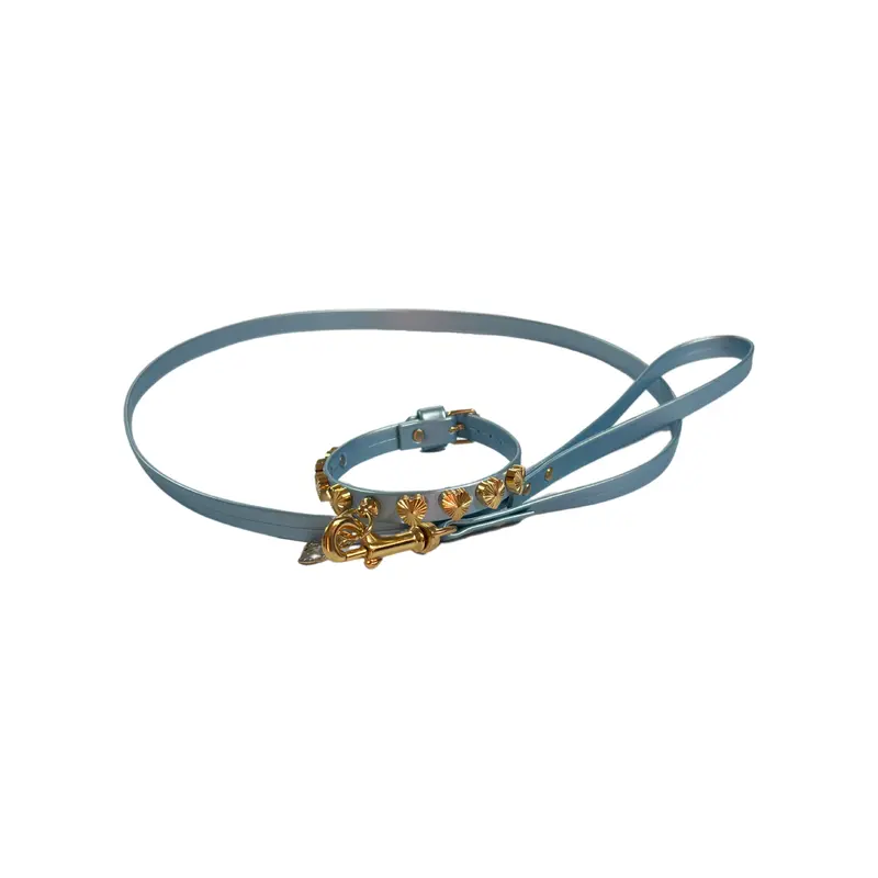 Fashion Collar and Plain Leash Set - Blue with Heart Studs