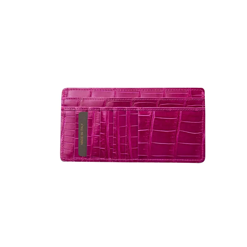 Fuchsia Croc Card Wallet With Zip Pocket