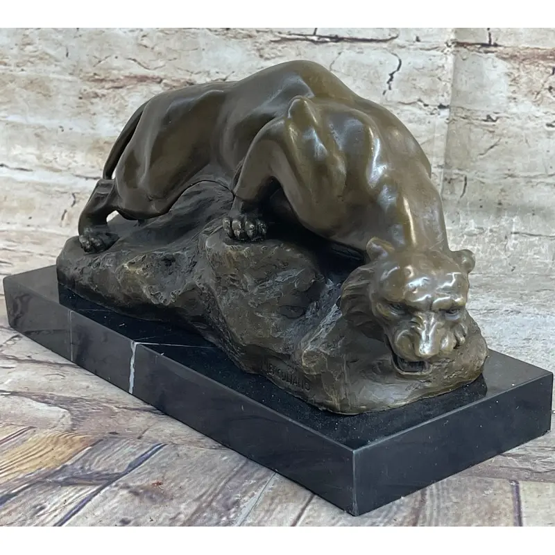 Sabre Tooth Tiger Lion Panther Bronze Sculpture Statue on Marble Base