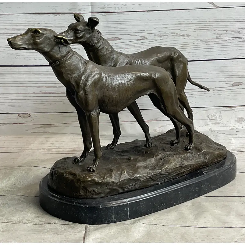 Pair of Greyhounds - Two Slender Racing Dogs Handmade Bronze Sculpture by Fremiet