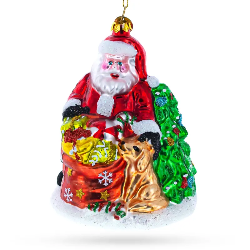 Santa with Golden Retriever Blown Glass Christmas Ornament