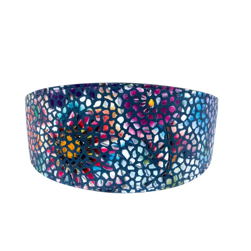 Dark Midnight Blue Floral Mosaic Italian Leather 3 Wide Style Collar