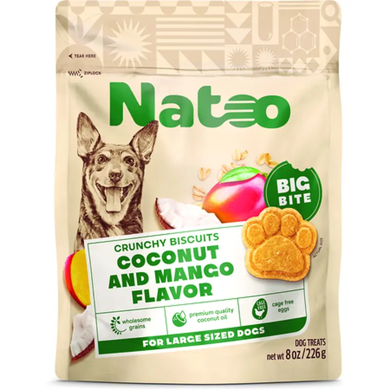 NATOO CRUNCHY BISCUITS COCONUT AND MANGO FLAVOR LARGE SIZED DOGS 8oz
