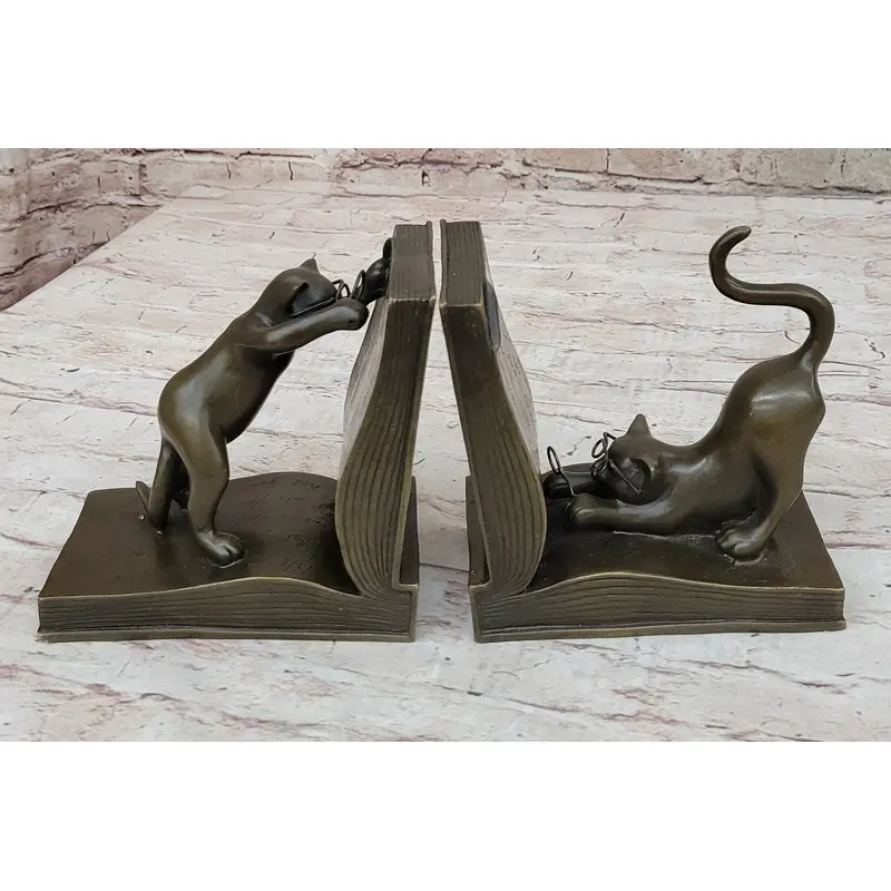 Playful Bronze Cat Bookends   Whimsical Feline Library Dcor Signed Original Art