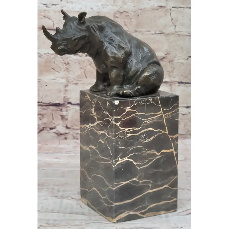 Signed Milo African Rhinoceros Rhino Bronze Figurine Sculpture Statue on Marble Base