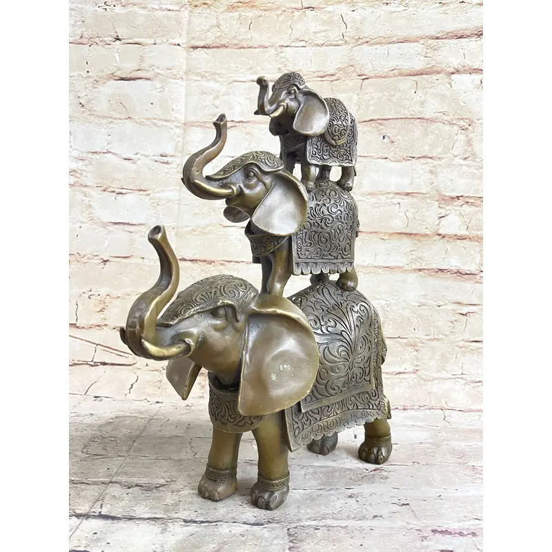 Stacked 3 Lucky Elephants Bronze Metal Statue Sculpture Figurine 12" x 12"