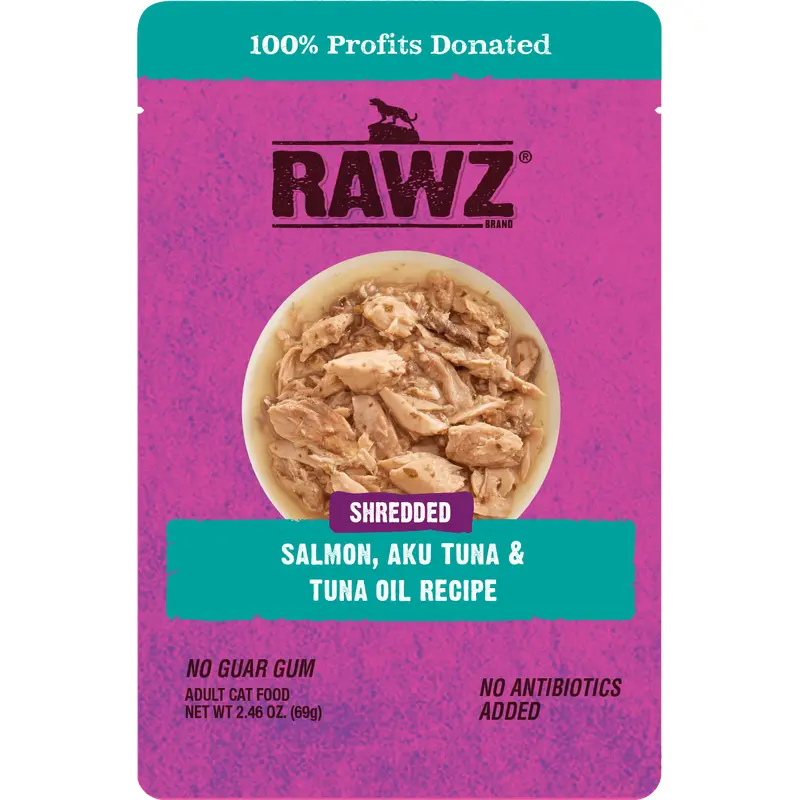 Raws Wet Cat Food 2.4oz Pouch Shreds Salmon Tuna and Tuna Oil