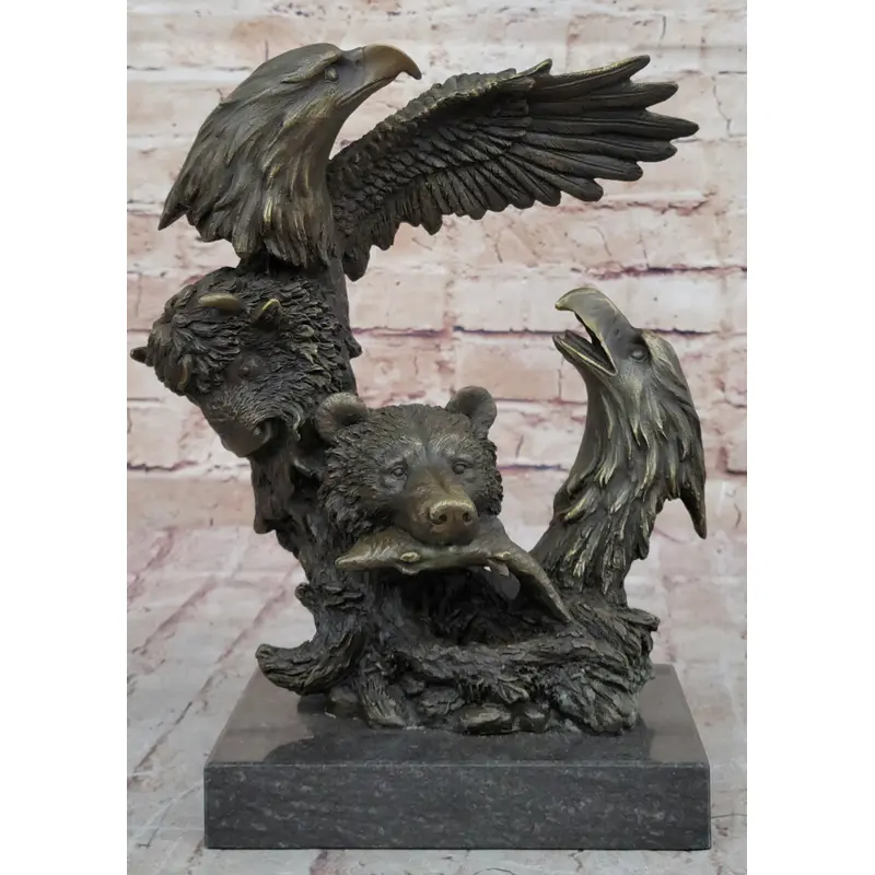 Eagles & Bear Hunting Fish Original Bronze Sculpture Statue Art by Milo on Marble Base