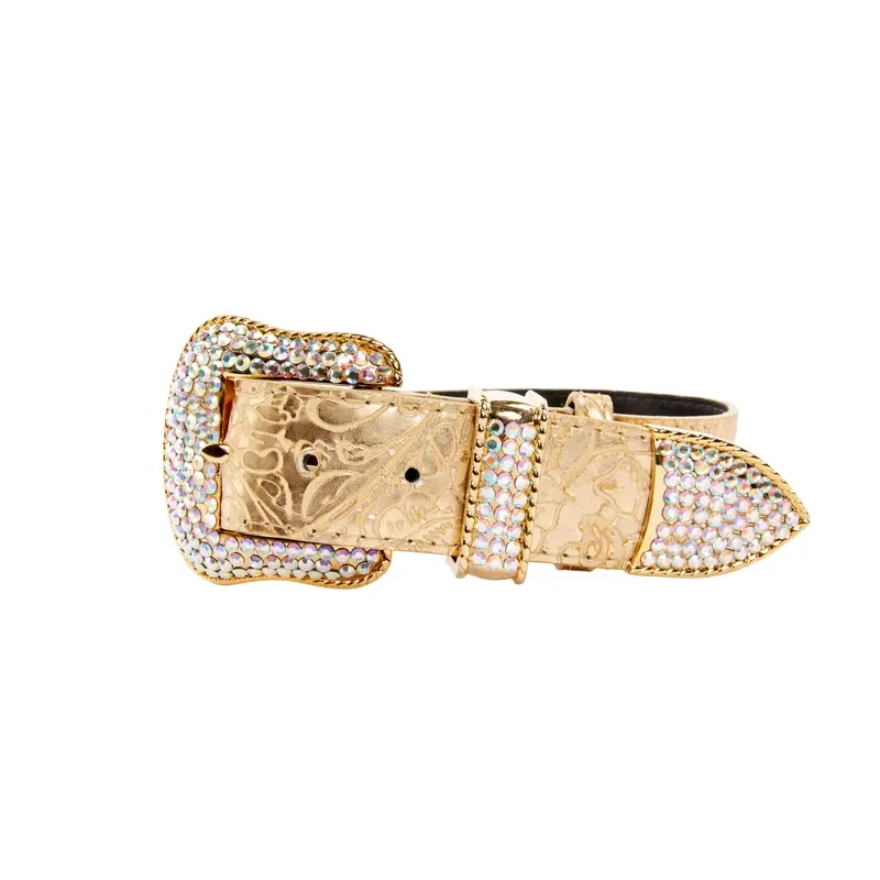 Gold Floral Print Italian Leather With Swarovski Crystal Hardware