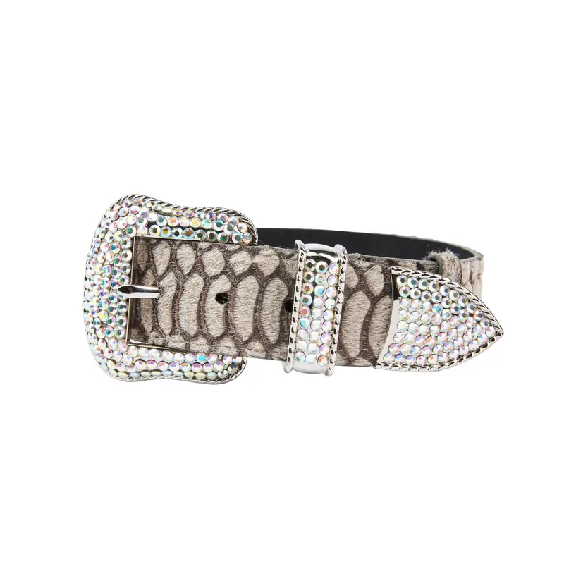 Grey Snake Print Hair On Hide Italian Leather Collar With Swarovski Crystal Hardware