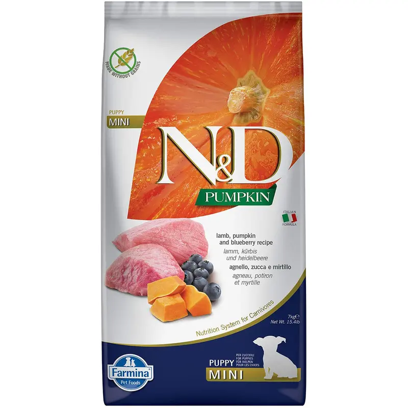 Farmina N&D Pumpkin Grain Free Puppy Mini Dry Dog Food - Lamb & Blueberry - 15.4lb Bag