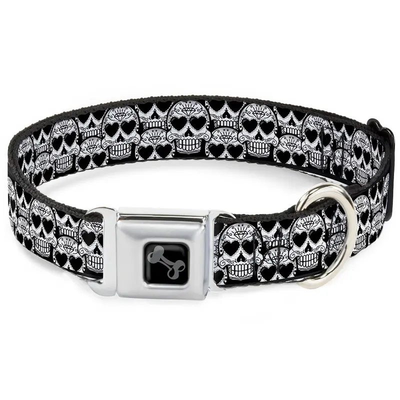 Dog Bone Seatbelt Buckle Collar - Diamond Sugar Skull Stacked Black/Silver Fade/White