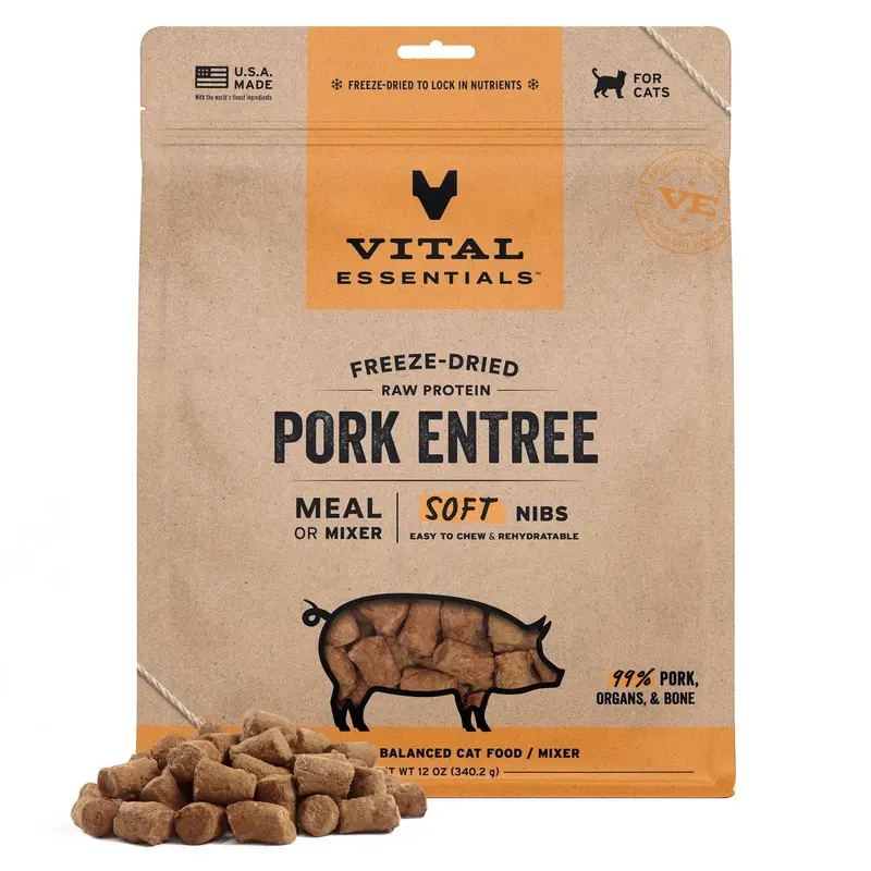 Vital Essentials Freeze-Dried Raw Pork Entree & Mixer Cat Food Soft Nibs, 12 oz