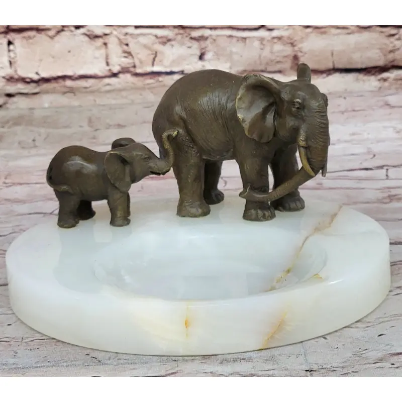 Bronze Metal Elephant Mother & Calf on Marble Soap Dish Ashtray
