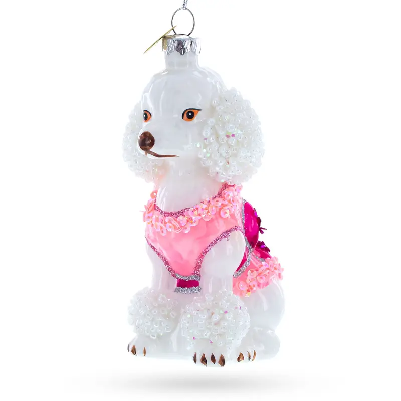 Poodle in Pink Costume Blown Glass Christmas Ornament
