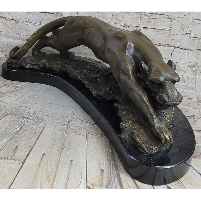 Waking Panther Mountain Lion Puma Big Cat Bronze Statue Sculpture on Marble Base
