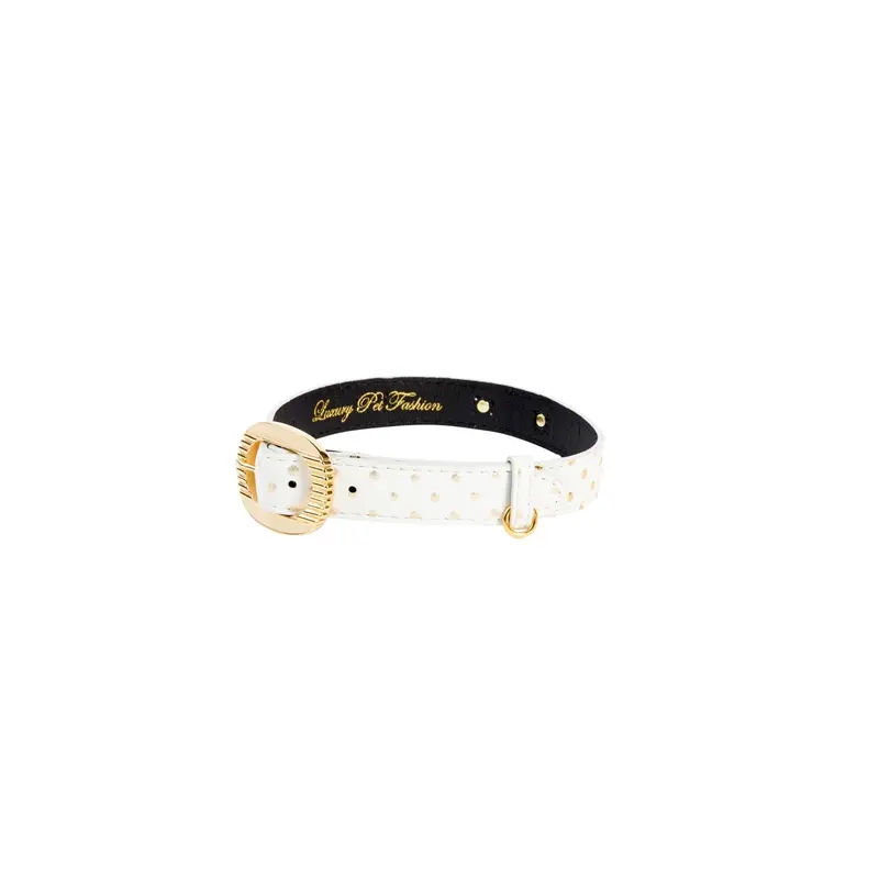 White & Gold Polka Dot Italian Leather Collar With Orante Italian Hardware