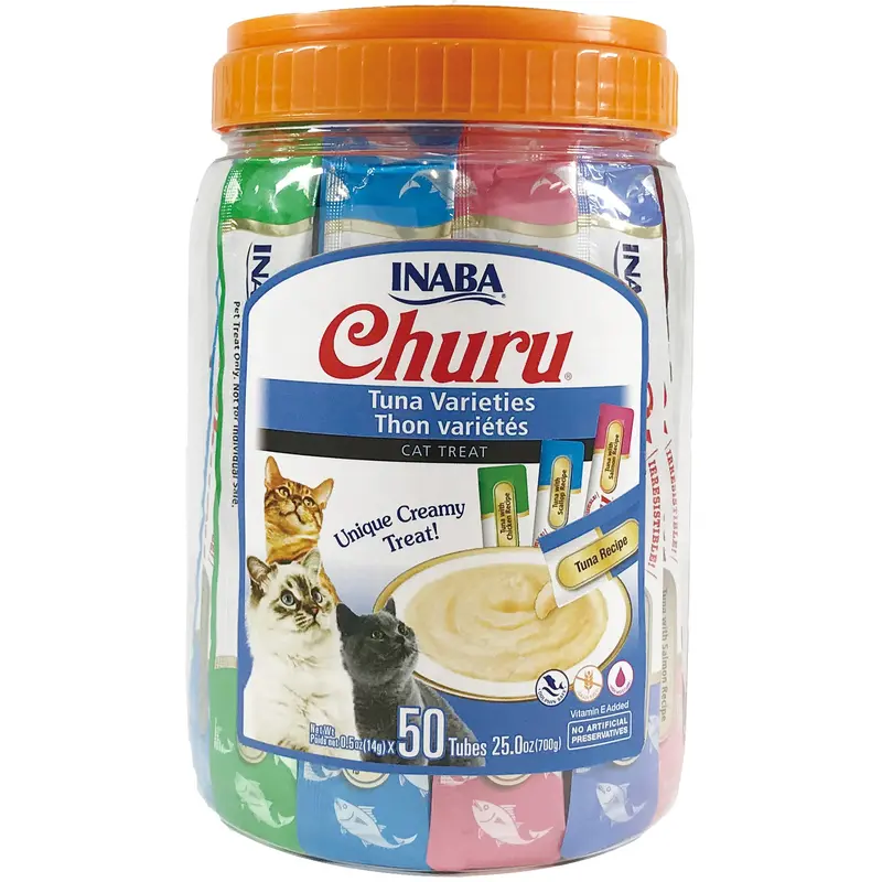 INABA Churu Creamy  Lickable Pure Cat Treat w Taurine  0.5 oz  50 Tubes  Tuna Variety