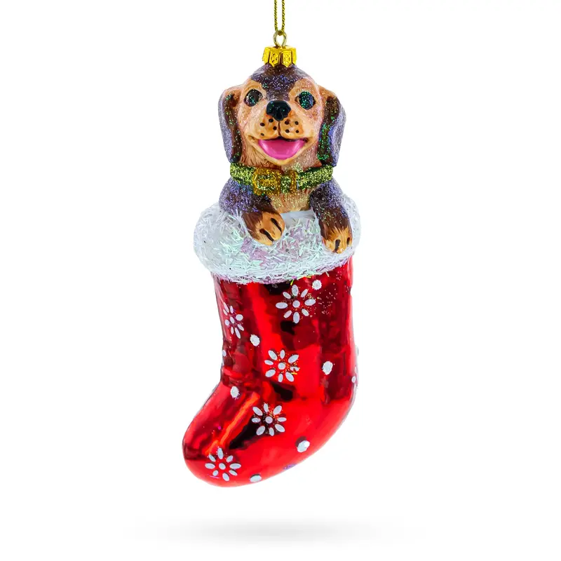 Puppy in Stocking Glass Christmas Ornament