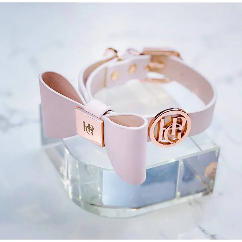 Leather Bow Collar - Blush