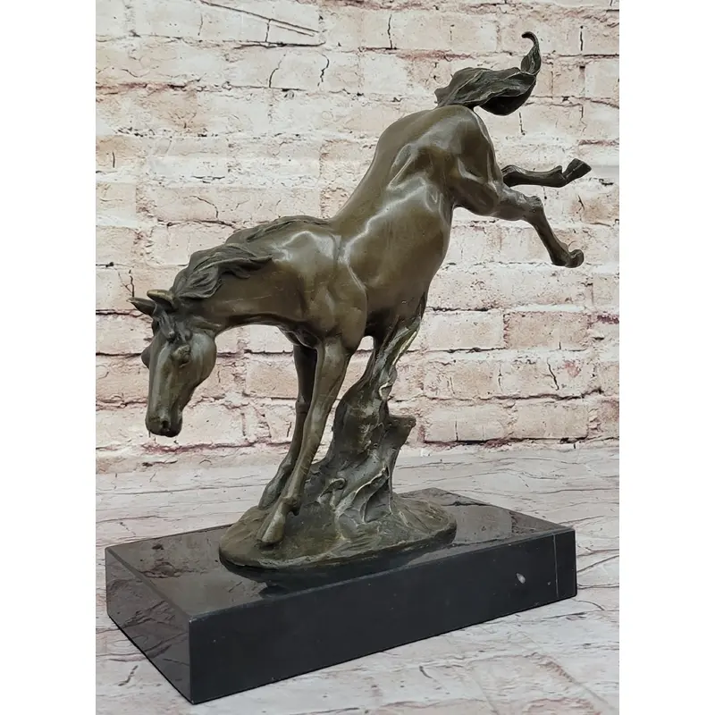 Jumping Wild Horse Mustang Stallion Bronze Sculpture Statue on Marble Base