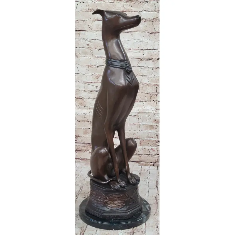 Art Deco Life Size Sitting Greyhound Dog Bronze Sculpture Marble Base Statue