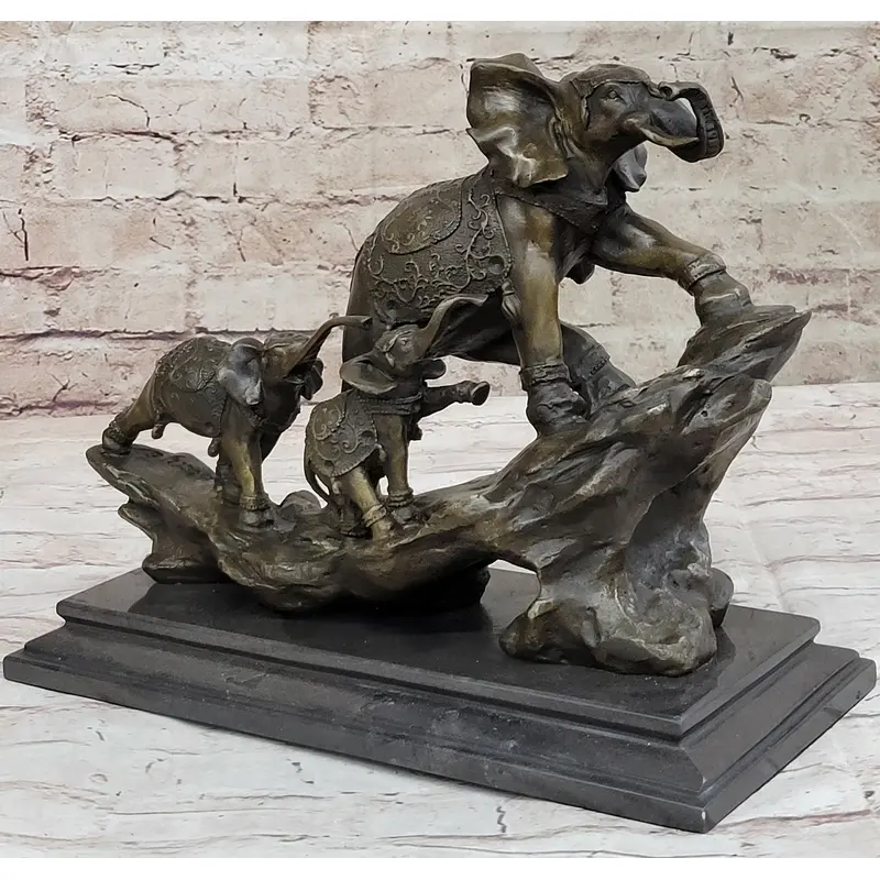 Hand Made Elephant Family Walking up The Hill Bronze Sculpture by Barye Figure