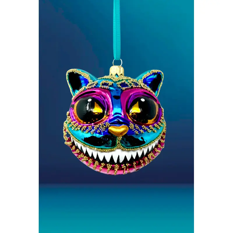 Teal Cheshire Cat Glass Ornament